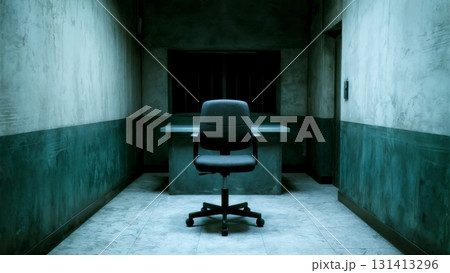 An empty, dimly lit interrogation room with a single chair. Interrogation, psychological thriller, suspenseful scene, legal. 131413296