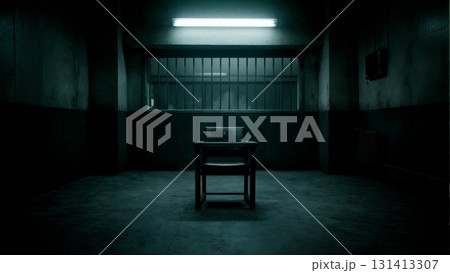 An empty, dimly lit interrogation room with a single chair. Interrogation, psychological thriller, suspenseful scene, legal. An empty, dimly lit interrogation room with a single chair. Interrogation, psychological thriller, suspenseful scene, legal. 131413307