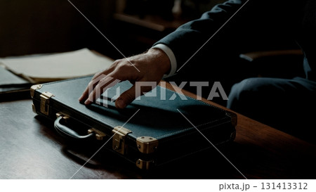 A person's hand reaching for a briefcase in a dark room. Conspiracy, secret meeting, briefcase, mystery, thriller. 131413312