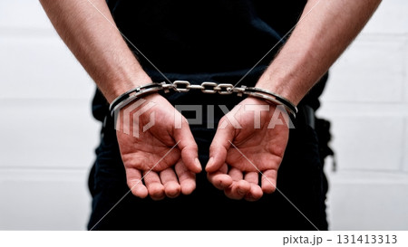 A person's hands being cuffed behind their back. Arrest, law enforcement, punishment, legal consequences. A person's hands being cuffed behind their back. Arrest, law enforcement, punishment, legal consequences. 131413313