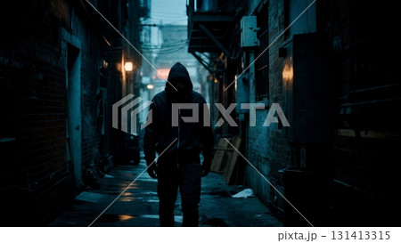 A figure in a black hoodie in a dark alley. Anonymity, urban crime, mystery, suspense. A figure in a black hoodie in a dark alley. Anonymity, urban crime, mystery, suspense. 131413315
