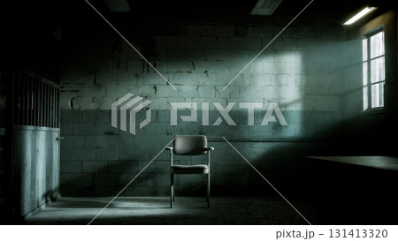 An empty, dimly lit interrogation room with a single chair. Interrogation, psychological thriller, suspenseful scene, legal. An empty, dimly lit interrogation room with a single chair. Interrogation, psychological thriller, suspenseful scene, legal. 131413320