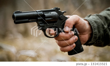 A close-up of a person's hand holding a gun. Gun crime, danger, violence, armed conflict, thriller. A close-up of a person's hand holding a gun. Gun crime, danger, violence, armed conflict, thriller. 131413321