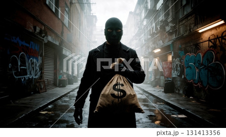 A person with a mask and black gloves holding a bag of money. Heist, robbery, illegal activity, crime 131413356