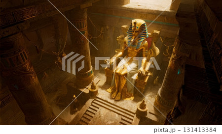 An Egyptian pharaoh on a golden throne. Pharaoh, ancient Egypt, royalty, power, authority, luxury 131413384