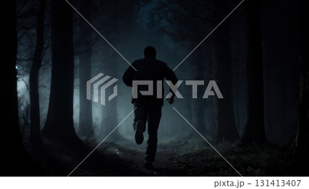 A person running in a dark forest at night. Fugitive, escape, chase, crime, thriller. A person running in a dark forest at night. Fugitive, escape, chase, crime, thriller. 131413407