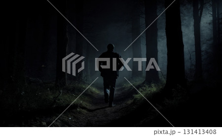 A person running in a dark forest at night. Fugitive, escape, chase, crime, thriller. A person running in a dark forest at night. Fugitive, escape, chase, crime, thriller. 131413408