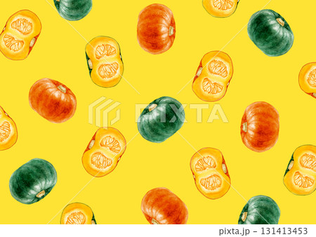 かぼちゃ 野菜 背景 模様 水彩 イラスト かぼちゃ 野菜 背景 模様 水彩 イラスト 131413453