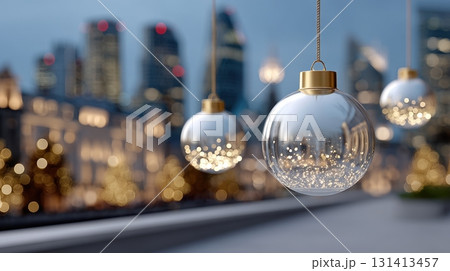 A festive Christmas bauble hangs in front of a blurred city skyline at night 131413457