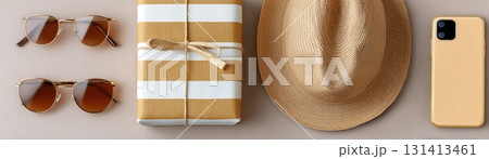 A flat lay of summer travel essentials including sunglasses a gift a hat and a smartphone 131413461