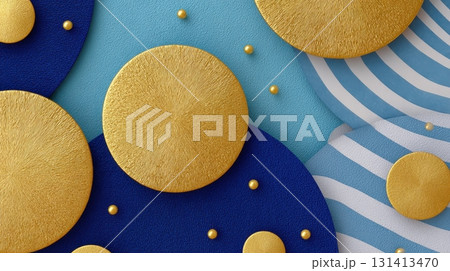 Abstract composition of golden circles on a blue and patterned background 131413470