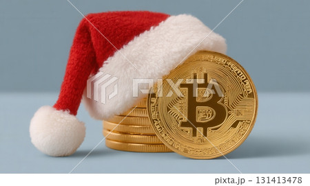 Bitcoin Cryptocurrency Coins with Santa Hat 131413478