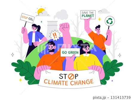 Climate Change Protest Illustration Featuring People Holding Placards with Slogans to Protect the Environment, Save the Planet and Stop Global Warming Climate Change Protest Illustration Featuring People Holding Placards with Slogans to Protect the Environment, Save the Planet and Stop Global Warming 131413739