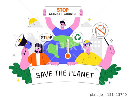 Climate Change Protest Illustration Featuring People Holding Placards with Slogans to Protect the Environment, Save the Planet and Stop Global Warming Climate Change Protest Illustration Featuring People Holding Placards with Slogans to Protect the Environment, Save the Planet and Stop Global Warming 131413740