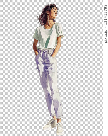 [Female character] Simple casual style with white T-shirt and light-colored denim 131413795