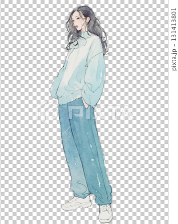 【女性立ち絵】ブルートーンで魅せる大人のリラクシングコーデ 131413801