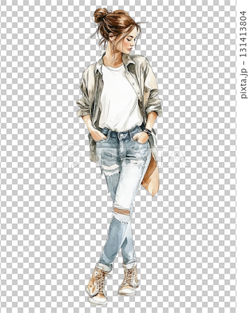 [女性站立肖像] 破洞牛仔褲和外套襯衫的成人休閒造型 131413804