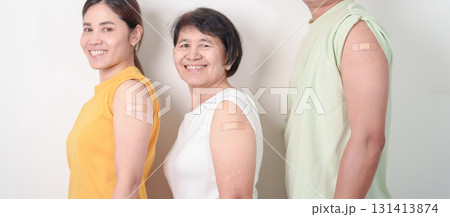 Adult and Senior group with bandage after received vaccine. Vaccination and Immunization for Influenza, HPV, Zoster, IPD, DTP, Dengue, Encephalitis, Rabies, Pneumococcal Hepatitis B and Covid vaccines Adult and Senior group with bandage after received vaccine. Vaccination and Immunization for Influenza, HPV, Zoster, IPD, DTP, Dengue, Encephalitis, Rabies, Pneumococcal Hepatitis B and Covid vaccines 131413874