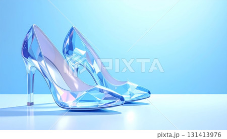 Light Blue Glass Slippers on Gradient Blue 3D Background 131413976