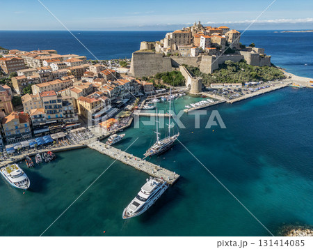 Aerial view Citadel of Calvi Upper Corsica French maritime stronghold in the Mediterranean Sea with defensive walls Aerial view Citadel of Calvi Upper Corsica French maritime stronghold in the Mediterranean Sea with defensive walls 131414085