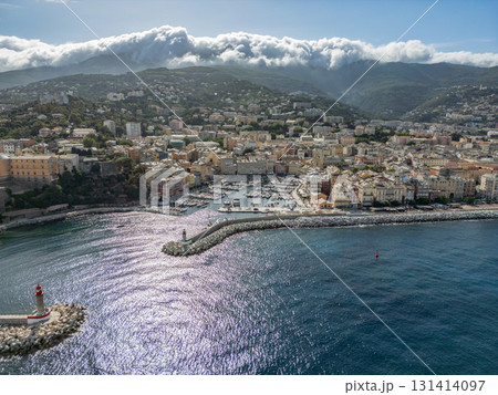 Aerial view of the Citadel of Bastia in the north of Corsica island - Genoese city overlooking the Mediterranean Sea Aerial view of the Citadel of Bastia in the north of Corsica island - Genoese city overlooking the Mediterranean Sea 131414097