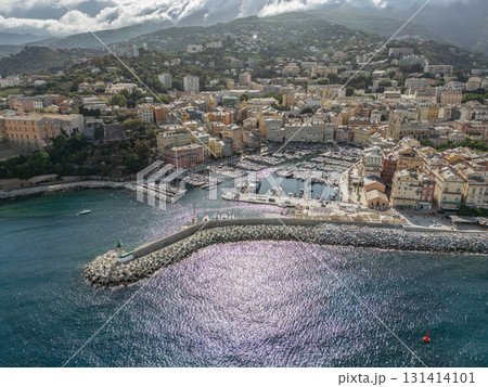 Aerial view of the Citadel of Bastia in the north of Corsica island - Genoese city overlooking the Mediterranean Sea 131414101