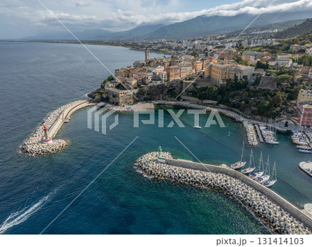 Aerial view of the Citadel of Bastia in the north of Corsica island - Genoese city overlooking the Mediterranean Sea 131414103
