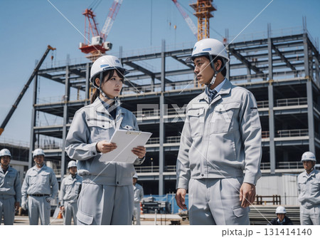 建設現場で図面を見ながら打ち合わせをするビジネスパーソン 131414140