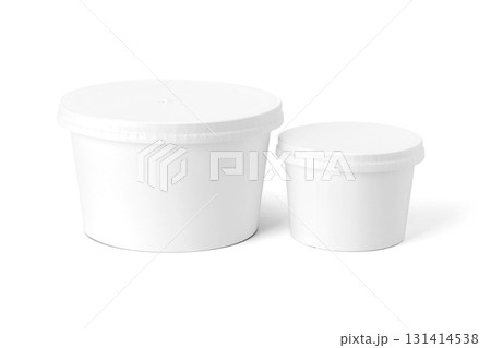 Blank white paper takeaway food containers for product mockups with an eco-friendly design, isolated on a white background. 131414538