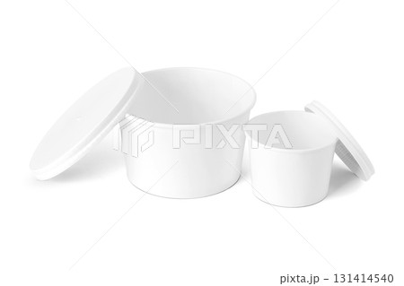 Blank white paper takeaway food containers for product mockups with an eco-friendly design, isolated on a white background. Blank white paper takeaway food containers for product mockups with an eco-friendly design, isolated on a white background. 131414540