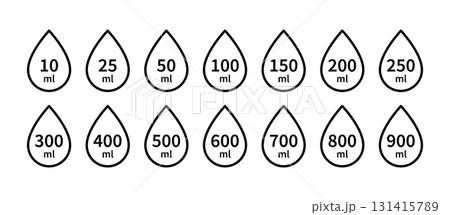 Water capacity icons set. Liquid volume symbol from 10 to 900 liters. Water drop line icon. Fluid volume. ML sign. Scale for liquid or ingredient. Vector illustration isolated on white background 131415789