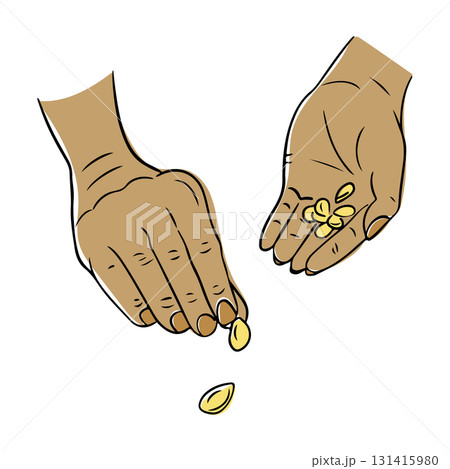 Two hands holding and planting seeds with simple lines and earthy tones on white background 131415980