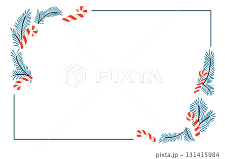Christmas frame with candy canes and pine branches arranged in the corners on white background 131415984