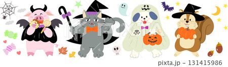 ハロウィンのかわいい手描きイラストセット ぶた/ねこ/いぬ/りす ハロウィンのかわいい手描きイラストセット ぶた/ねこ/いぬ/りす 131415986