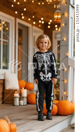 Child in skeleton costume standing on decorated porch with pumpkins, candles, and festive lights. Concept of halloween, childhood fun, and seasonal celebration 131415999