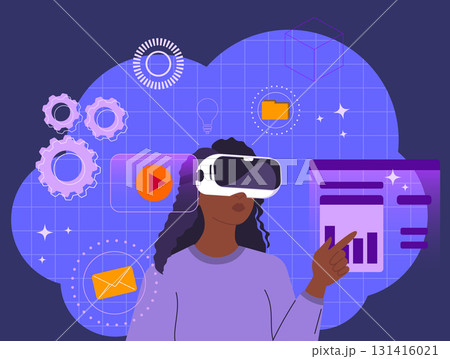 Dark Skinned Woman Using VR Headset Dark Skinned Woman Using VR Headset 131416021
