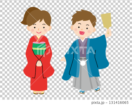 新年に着物姿をした男の子と女の子 131416065