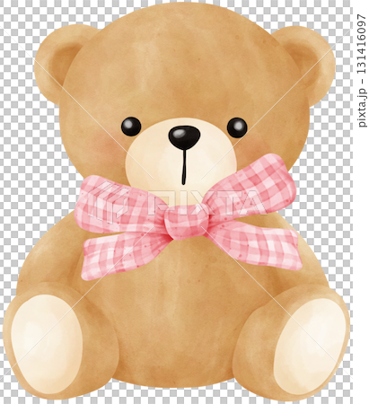 Cute teddy bear with pink bow watercolor illustration 131416097