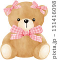 Cute teddy bear with pink bow watercolor illustration 131416098