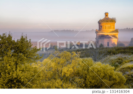 Abandoned church of Michael the Archangel in morning mist, Tula region 131416304