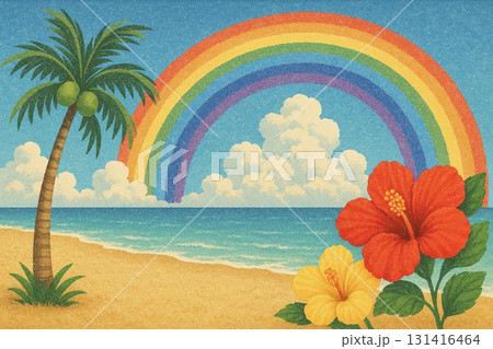 南国の海　ヤシの木　ハイビスカス　虹　水彩画 131416464
