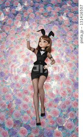 周囲一面に咲く虹色バラに寝ころび蝶と戯れるバニー姿のフィギュア風女性 131416507