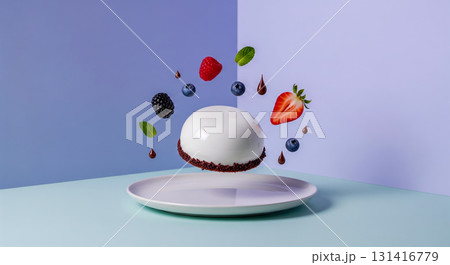 Creative dessert with levitating berries and chocolate, modern mousse cake with mirror glaze flying over plate, gourmet pastry concept on colorful background. Creative dessert with levitating berries and chocolate, modern mousse cake with mirror glaze flying over plate, gourmet pastry concept on colorful background. 131416779