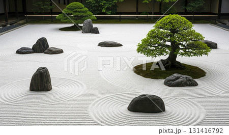 Japanese zen garden with raked sand patterns and rock arrangements, tranquility and meditation concept with minimalist stone garden for harmony and balance 131416792