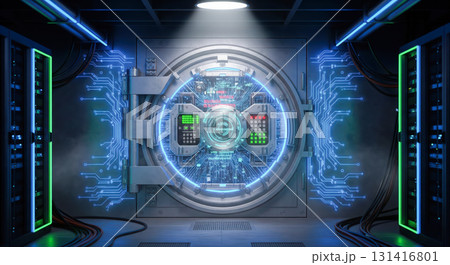 High security bank vault with glowing digital interface and circuit board, finance and data protection concept with futuristic safe room for wealth storage High security bank vault with glowing digital interface and circuit board, finance and data protection concept with futuristic safe room for wealth storage 131416801