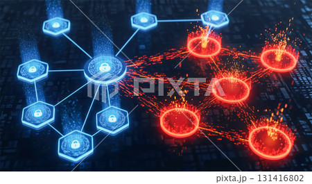 Cybersecurity concept with network under attack and data breach in progress. System vulnerability, firewall protection and internet security threat from hacker or malware virus Cybersecurity concept with network under attack and data breach in progress. System vulnerability, firewall protection and internet security threat from hacker or malware virus 131416802