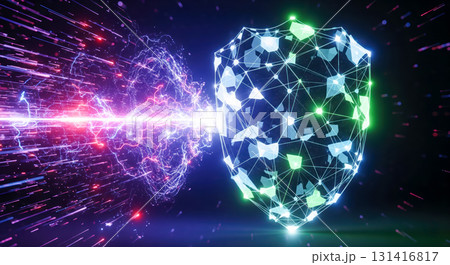 Powerful cyber security shield blocking a destructive energy beam attack, abstract technology concept of a strong firewall protecting data from threats Powerful cyber security shield blocking a destructive energy beam attack, abstract technology concept of a strong firewall protecting data from threats 131416817