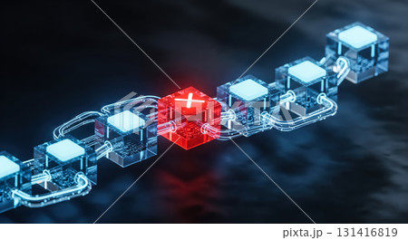 Broken blockchain concept with red error block in digital data chain. Cybersecurity vulnerability, system failure and corrupt transaction in future crypto technology and finance. 131416819