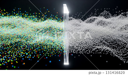 Data filtering and transformation concept with chaotic colorful particles becoming organized. Abstract technology background showing information processing, analysis 131416820