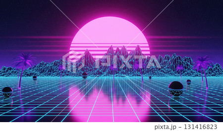 Retro futuristic synthwave background with neon grid, mountains and sun. Abstract 80s style landscape with palm trees for music cover, game or poster 131416823